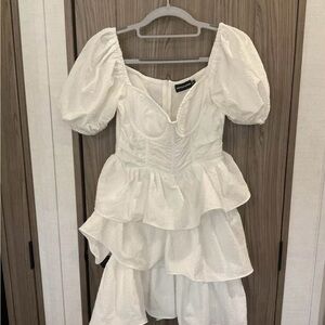 PrettyLittleThing White Ruffled Mini Dress with Puff Sleeves